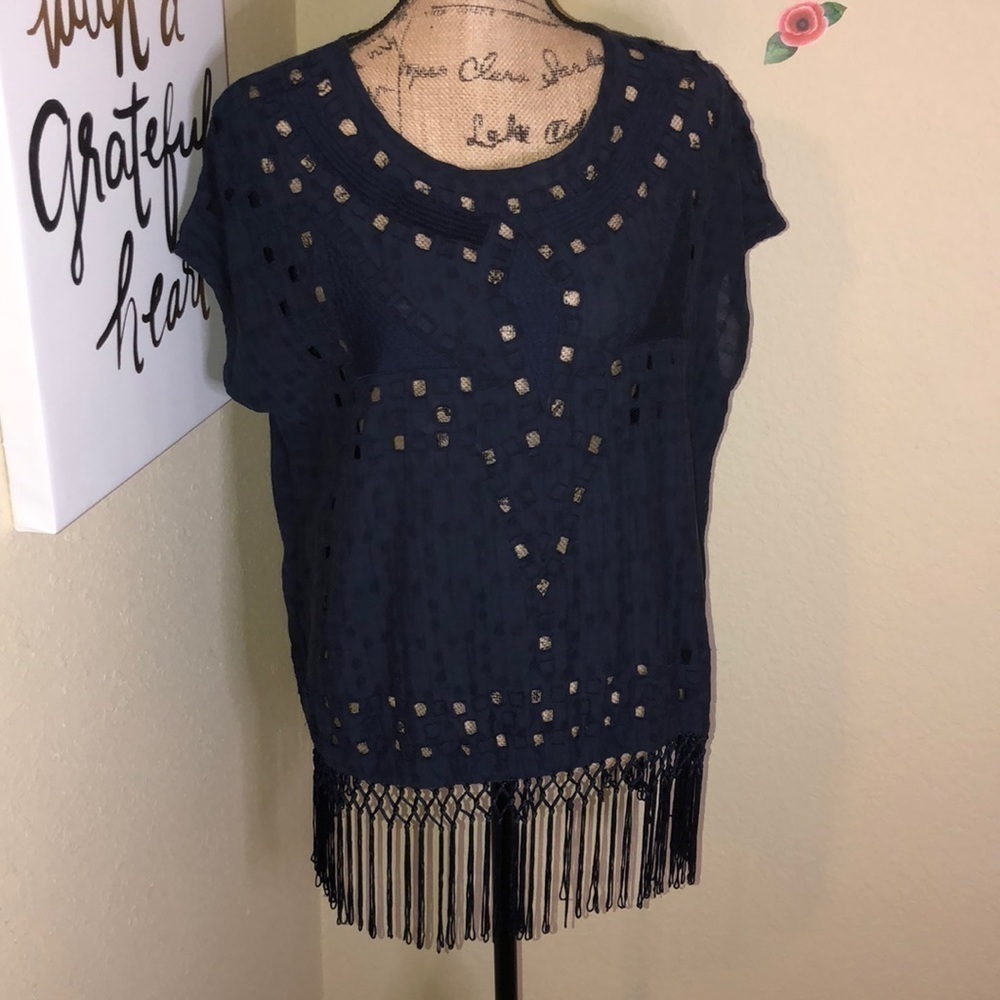 Lucky Brand Navy Blue Cutout Top with Fringe on the Bottom Size S